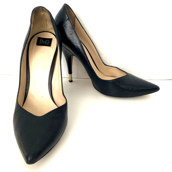 D&G Dolce & Gabanna Black Pump Point Toe Leather Gold Heel Slim 38 - Picture 3 of 9